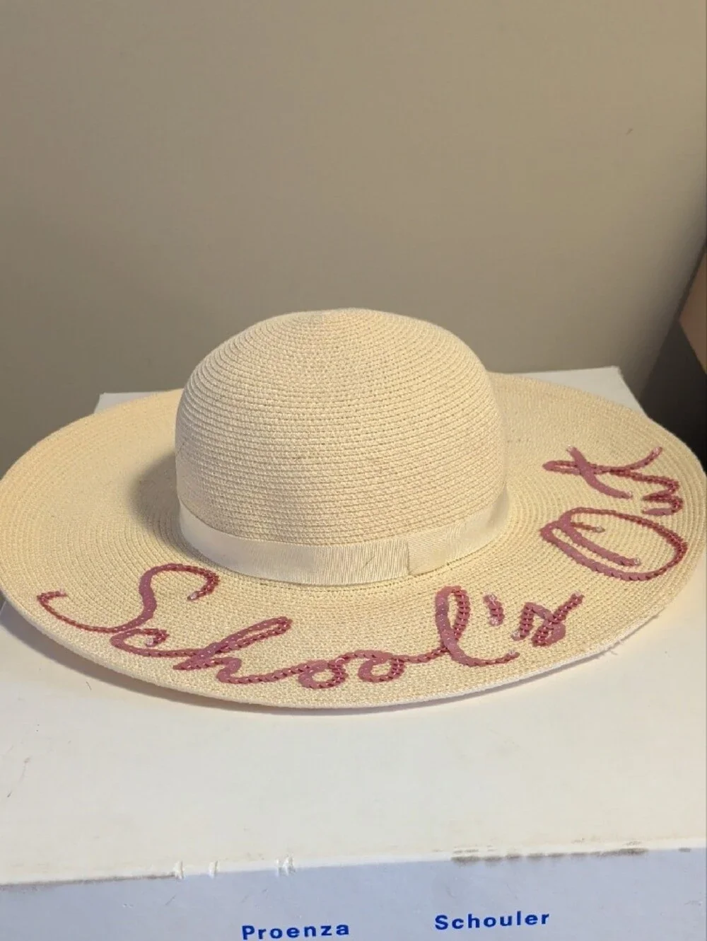 Eugenia Kim School's Out Beige Straw Sun Hat with Pink Sequin Script